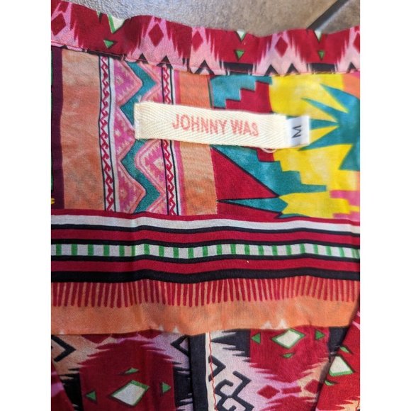 Johnny Was Kamelia Mixed Print V-Neck Button Front 100% Silk Blouse M - Picture 10 of 12